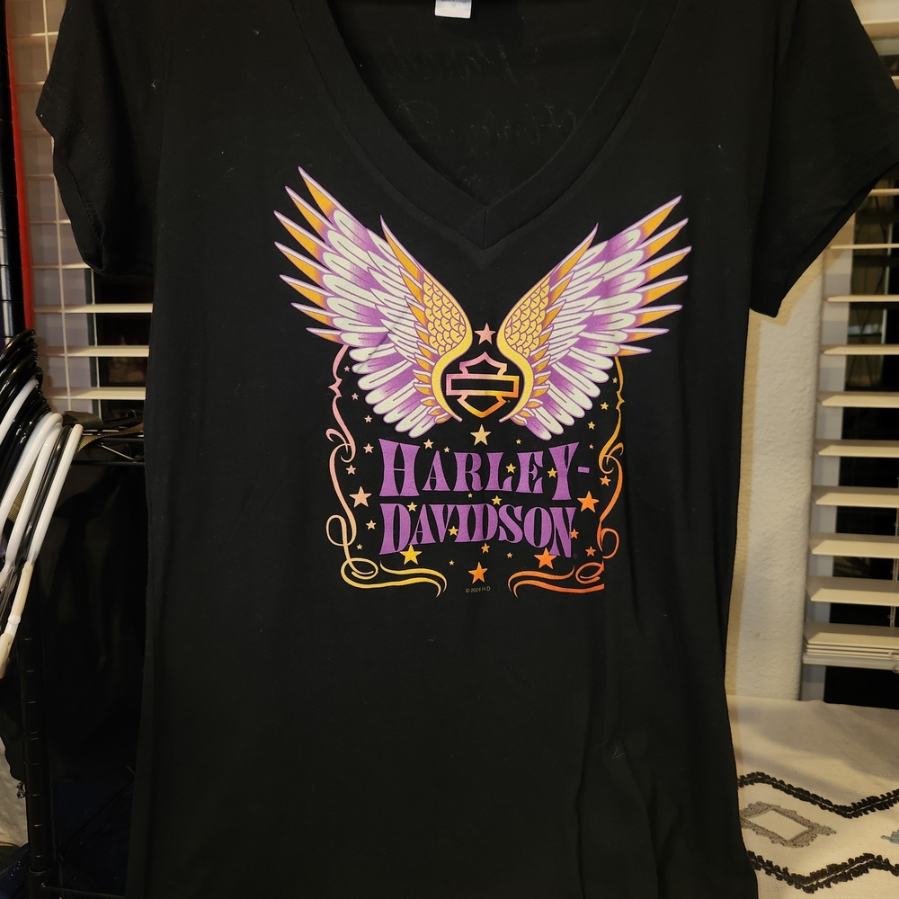 Harley-Davidson Black Tee with Purple and Gold Wings